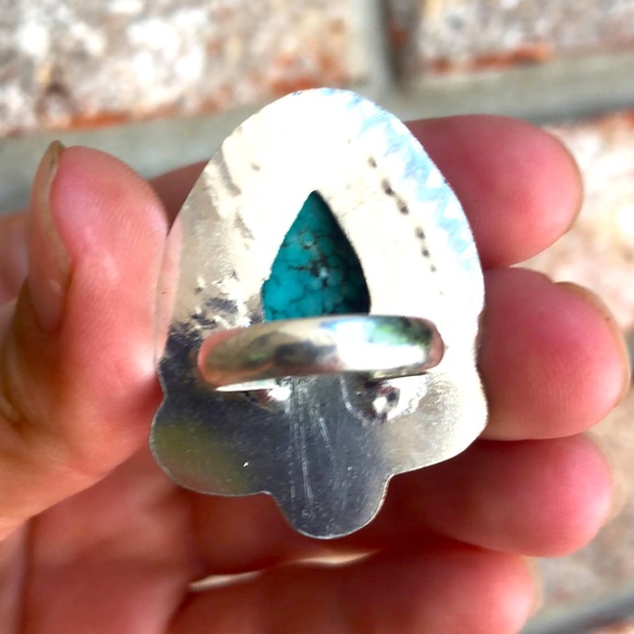 Boho Handmade Sterling Silver 925 Ornate Blue Turquoise Statement Ring Size 6 - Picture 3 of 7